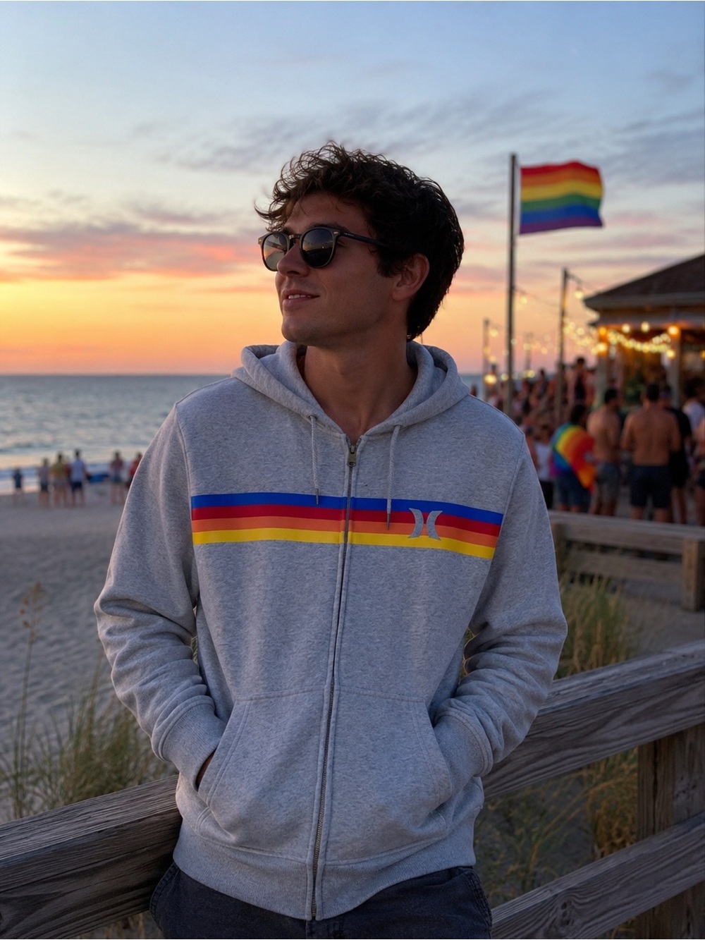 Hurley Rainbow Stripe Zip-Up Hoodie Gray Men's Size S  Streetwear